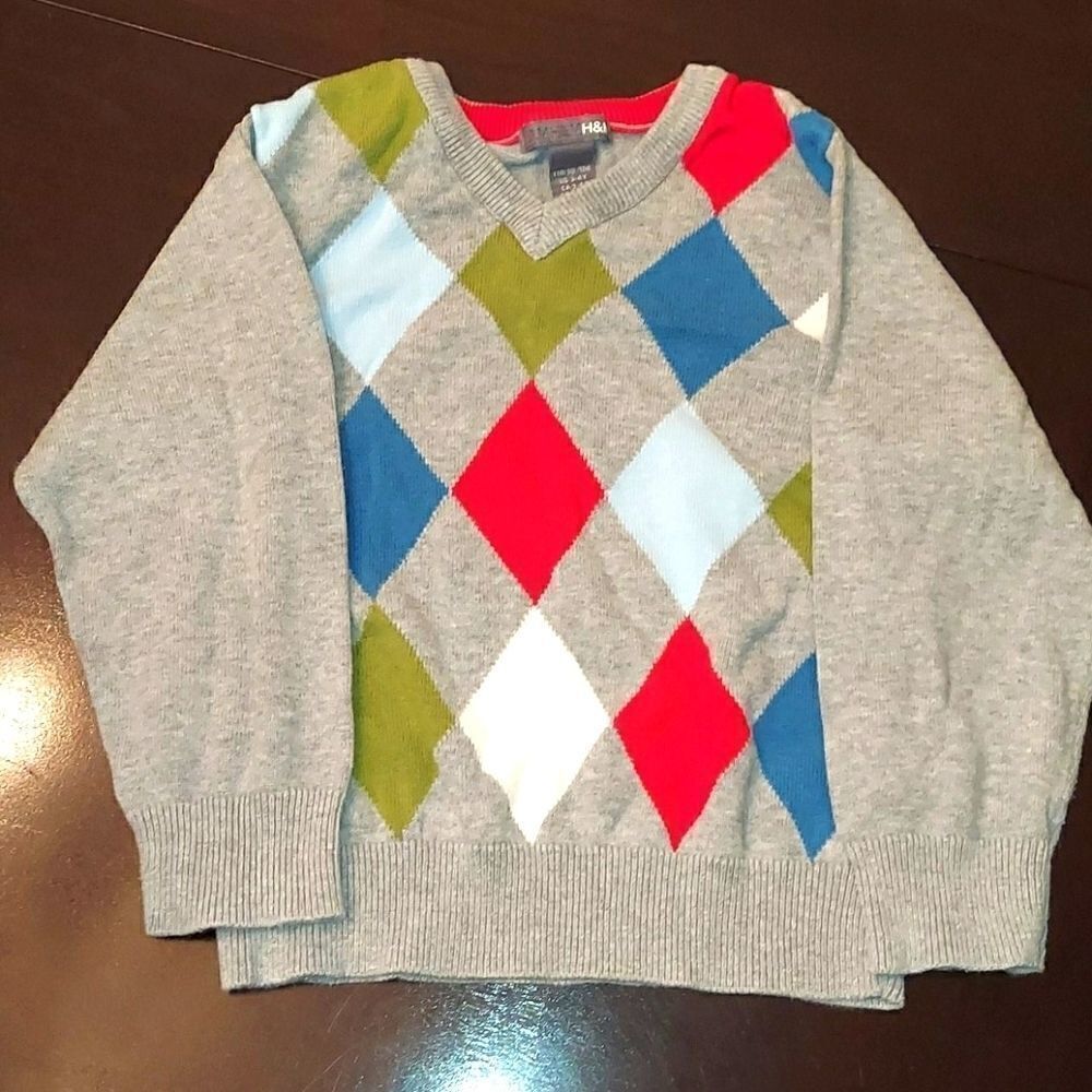H&M Gray Argyle V-Neck Sweater Sz 3-4 Years